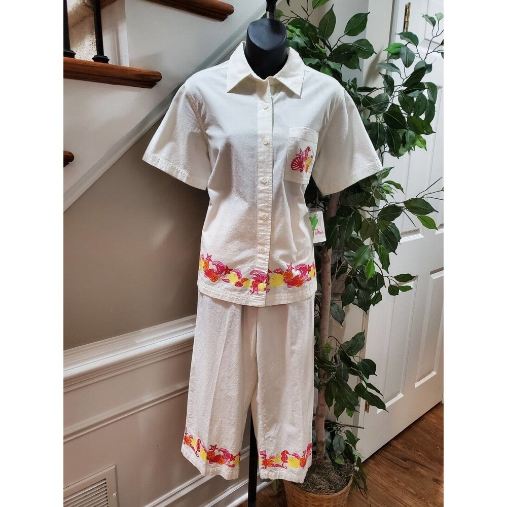 Cappagallo Women White Cotton‎ Short Sleeve Shirt (M) & Trouser (S) 2 Piece Suit